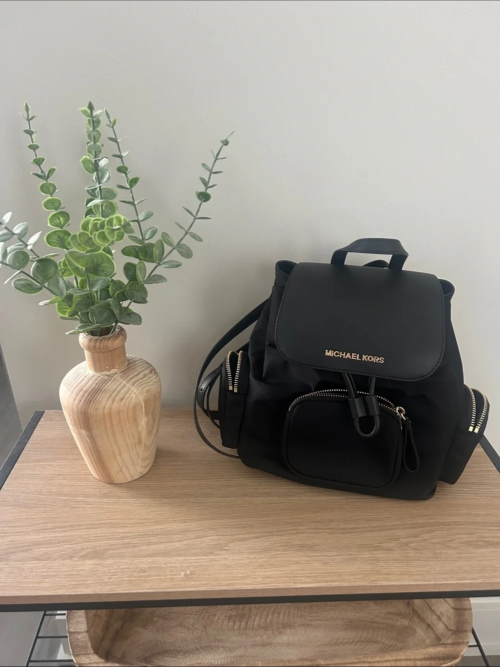 Michael Kors Black Nylon Drawstring Backpack with Gold Logo